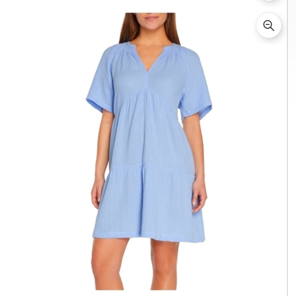 Gap Gauze Dress Soft Cotton Crinkle Gauze Short Sleeve Easy Relaxed Fit Blue